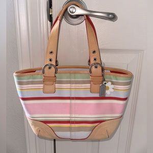 Coach 4434 Daisy Striped Canvas Leather Trim Shoulder Bag with Double Handles